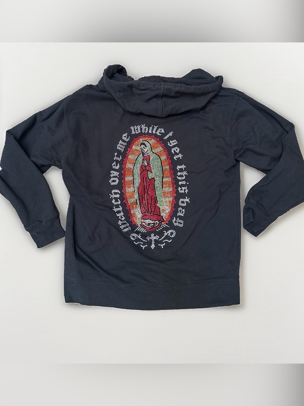 Men’s Streetwear Rhinestone Embellished Saint Mary Hoodie Sweatshirt Black Sz L